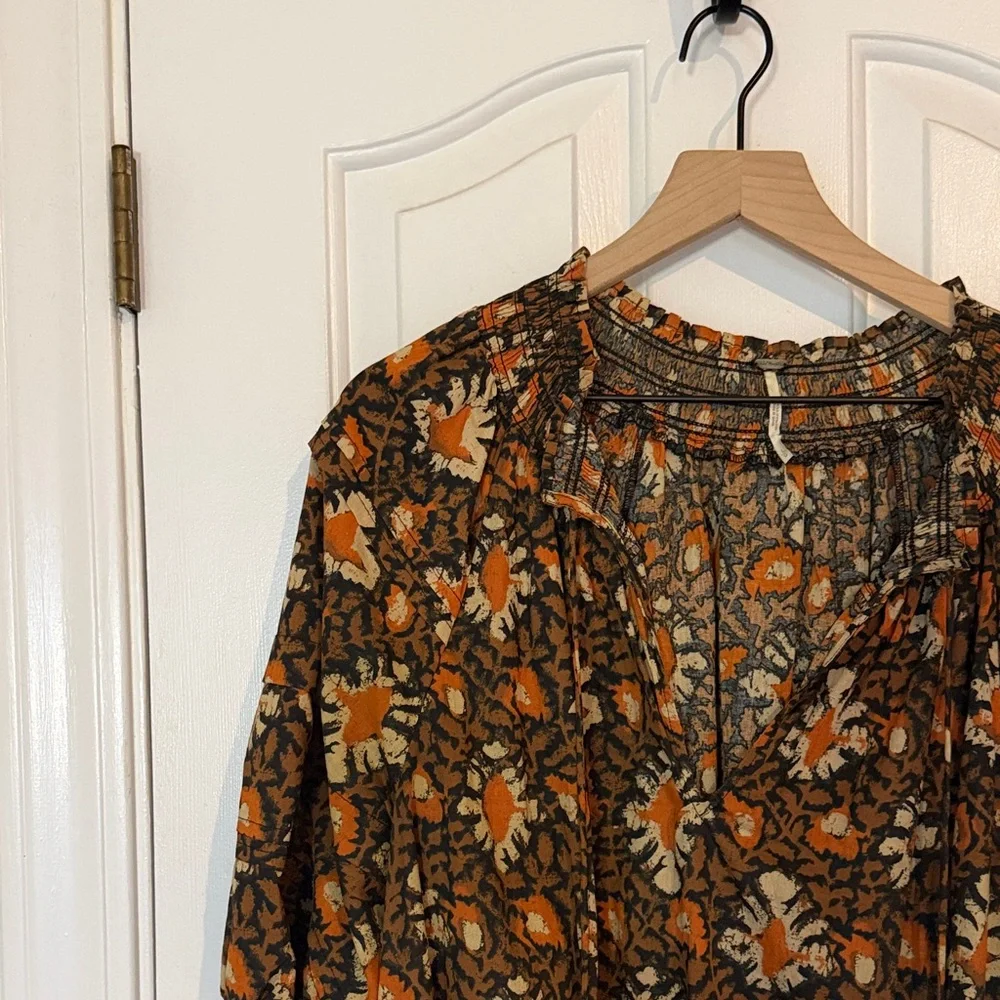 Free‎ People | Willow Print Puff Sleeve Blouse Size Large Boho Romantic Beachy